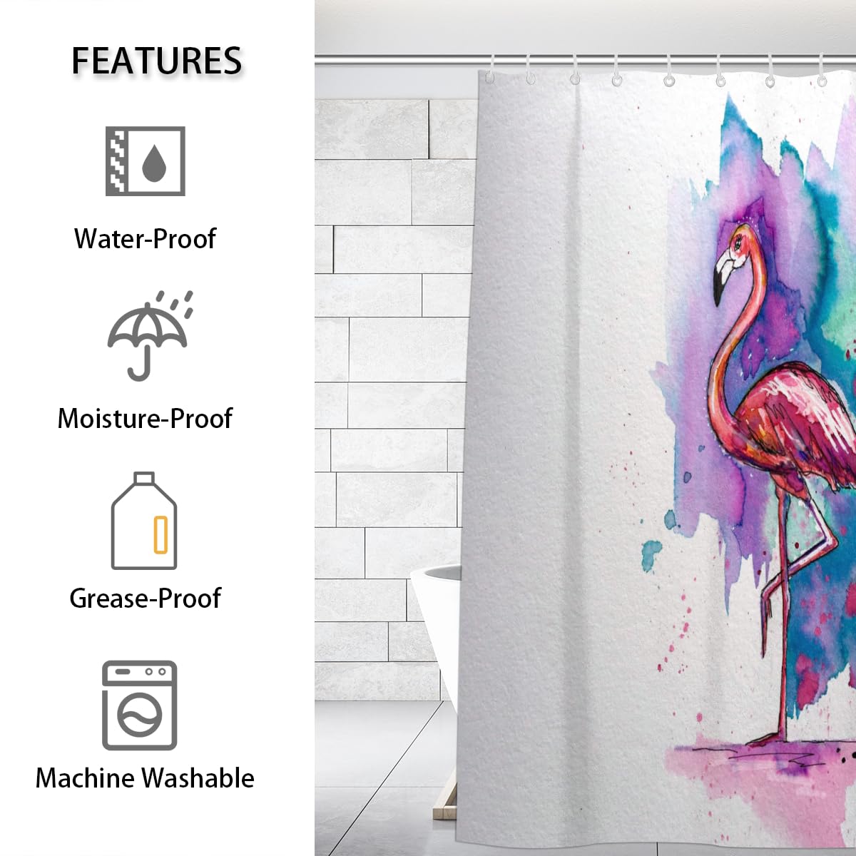 Aglebo Beautiful Watercolor Flamingo Shower Curtain Fabric Shower Curtain Set with 12 Hooks Water-Proof 72 * 72 Inches for Bathroom Beach Caravan Hotel