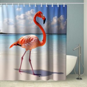 OTRANTO Beach Shower Curtain Blue Teal Sea Pink Flamingo Bath Curtain Tropical Theme Pink Blue Bathroom Decor Set Machine Washable Waterproof Fabric 72 x 72 Include Hooks