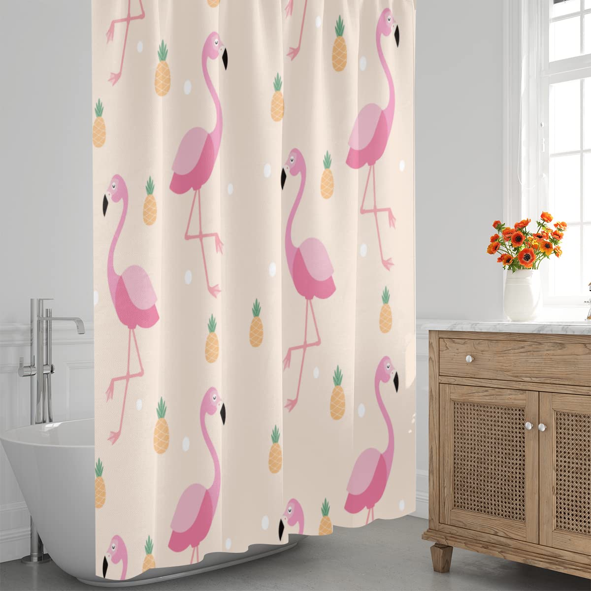 Aglebo Pineapple Flamingo Polka Dots Shower Curtain Fabric Shower Curtain Set with 12 Hooks Water-Proof 72 * 72 Inches for Bathroom Beach Caravan Hotel