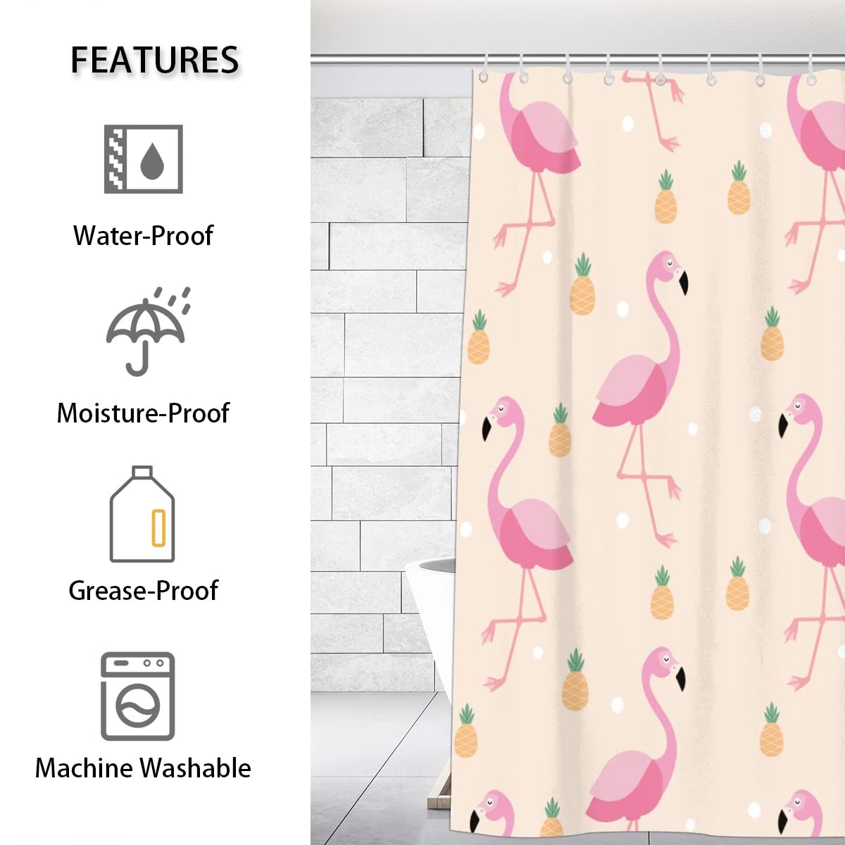 Aglebo Pineapple Flamingo Polka Dots Shower Curtain Fabric Shower Curtain Set with 12 Hooks Water-Proof 72 * 72 Inches for Bathroom Beach Caravan Hotel