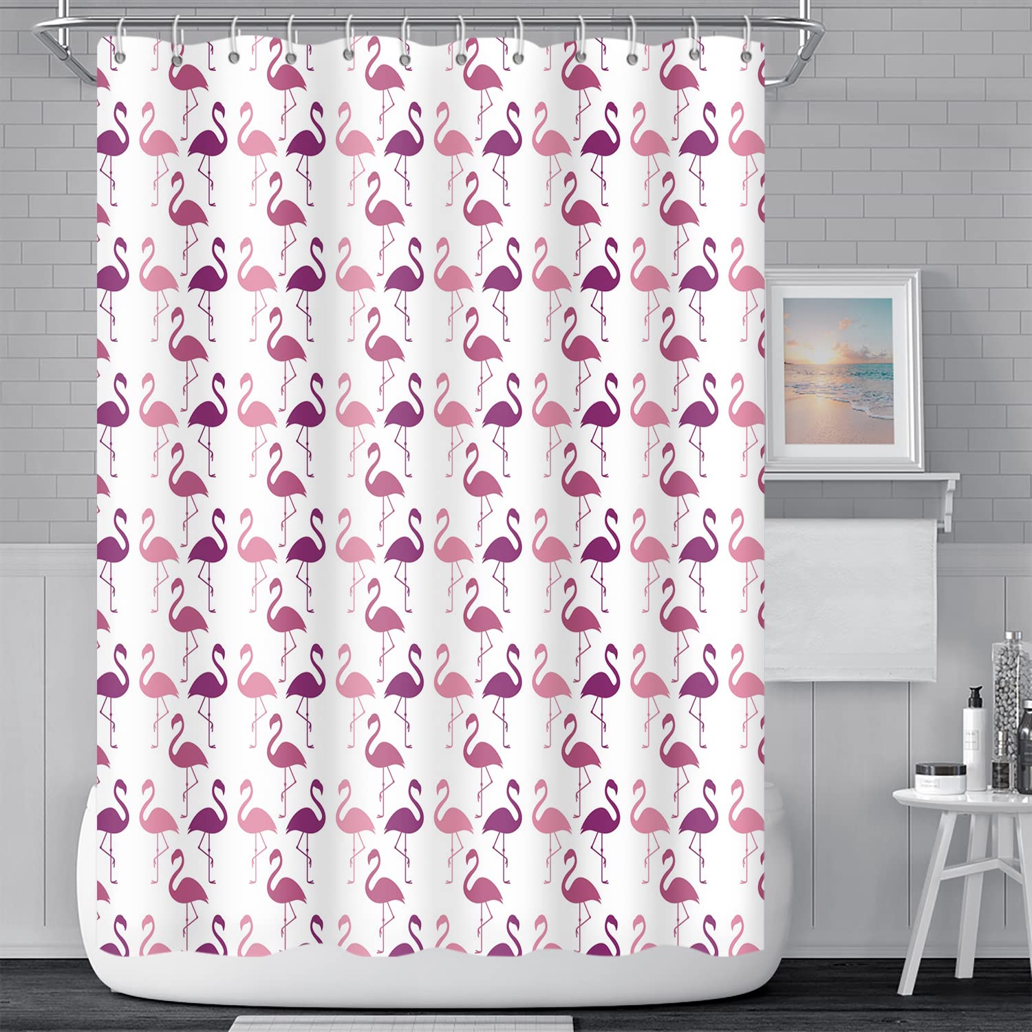 Umpoo Flamingo Checkered Bathroom Shower Curtain Tropical Pink Purple Flamingos Pattern Shower Curtain with Hooks Waterproof Fabric Polyester Shower Curtain for Girly Bath Decorative, 72x72 Inch