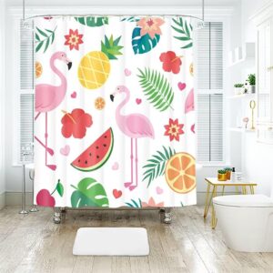 flamingo print shower curtain, flamingo animal bird theme shower curtain with cloth fabric bathroom decor set with hooks, 71" w x 71" l, (flamingo summer vibe)