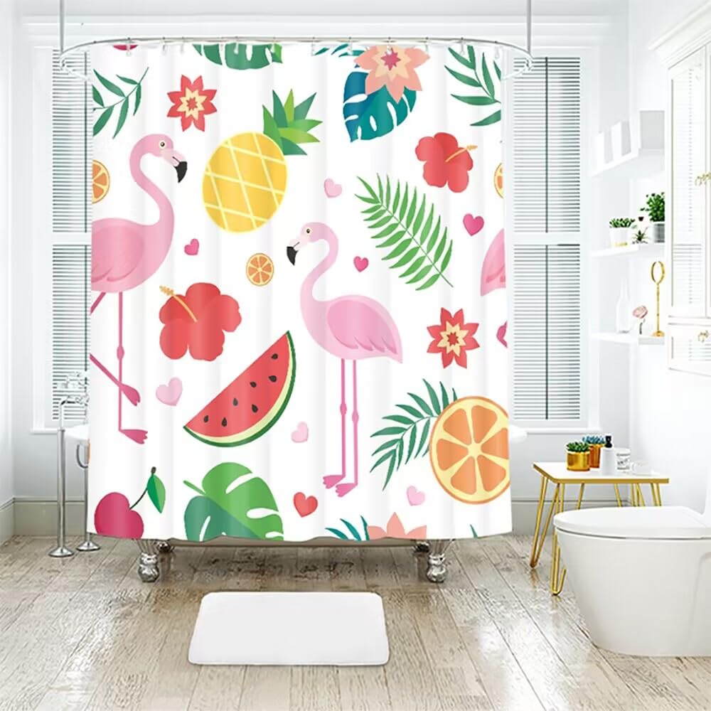 Flamingo Print Shower Curtain, Flamingo Animal Bird Theme Shower Curtain with Cloth Fabric Bathroom Decor Set with Hooks, 71" W x 71" L, (Flamingo Summer Vibe)