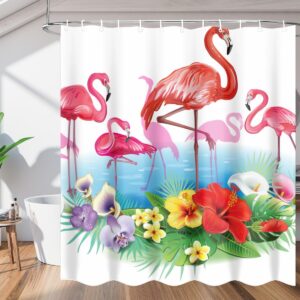 Aglebo Flamingo Tropic Floral Shower Curtain Fabric Shower Curtain Set with 12 Hooks Water-Proof 72 * 72 Inches for Bathroom Beach Caravan Hotel