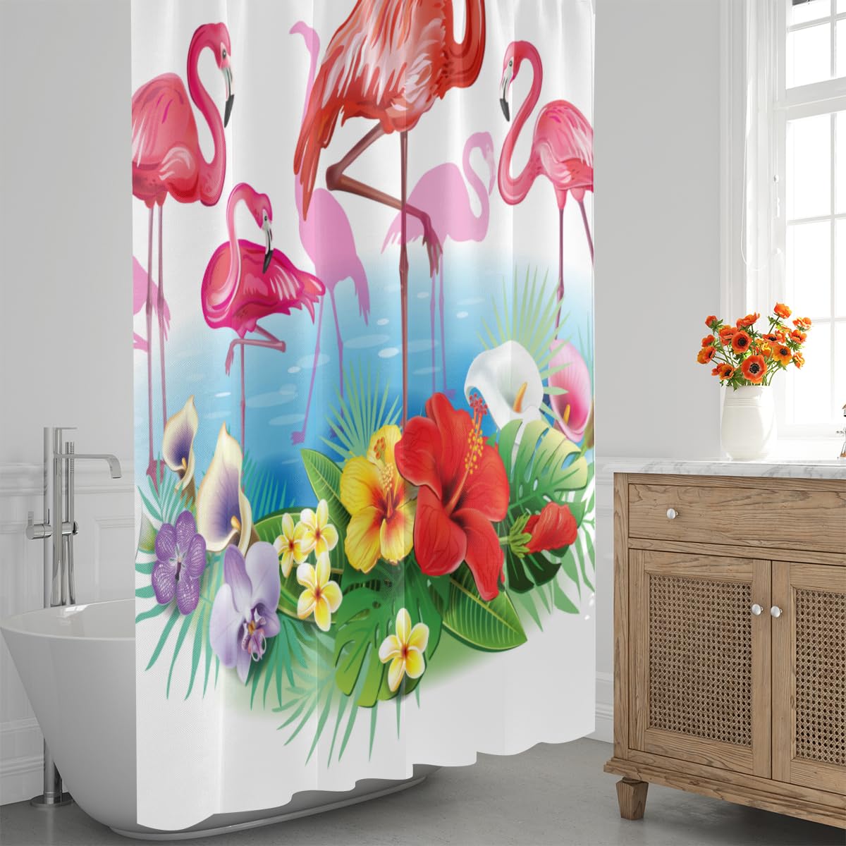 Aglebo Flamingo Tropic Floral Shower Curtain Fabric Shower Curtain Set with 12 Hooks Water-Proof 72 * 72 Inches for Bathroom Beach Caravan Hotel