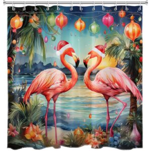 LB Christmas Flamingo Shower Curtain Pink Flamingo Wear Xmas Hat and Tropical Plant Holiday Decor Shower Curtain Beach Bathroom Decor with Hooks 72Lx72W Inch Waterproof Polyester Bath Curtain