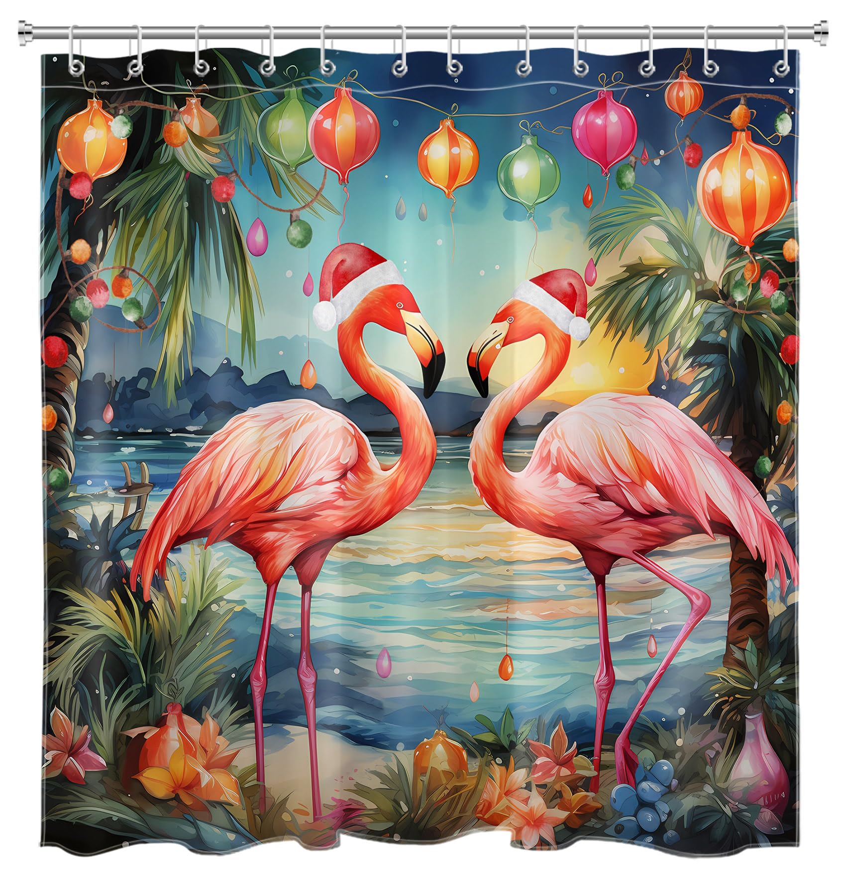 LB Christmas Flamingo Shower Curtain Pink Flamingo Wear Xmas Hat and Tropical Plant Holiday Decor Shower Curtain Beach Bathroom Decor with Hooks 72Lx72W Inch Waterproof Polyester Bath Curtain