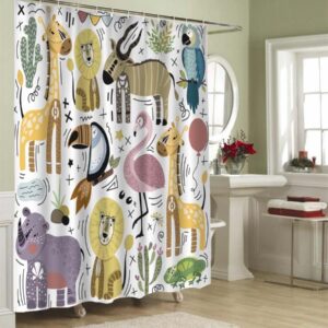 oFloral Cute Stylized Animals X-Long Shower Curtains for Bathroom Sets Chameleon Flamingo Giraffe Book Lion Lizard Rhino Polyester Shower Curtain with Hooks 72 x 84 Inch