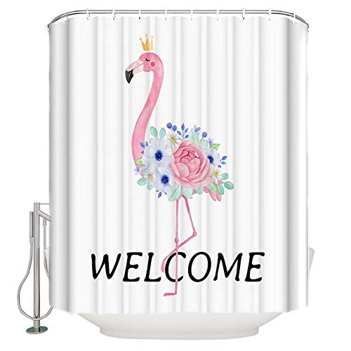 Shower Curtain, Summer Theme Pink Flamingo with Rose Washable Shower Curtain with Hooks Bath Decor Fabric Shower Curtains for Bathroom, Hotel, Stalls, Bathtubs, 72x78 in