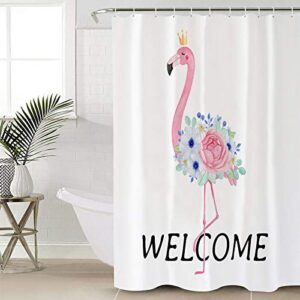 Shower Curtain, Summer Theme Pink Flamingo with Rose Washable Shower Curtain with Hooks Bath Decor Fabric Shower Curtains for Bathroom, Hotel, Stalls, Bathtubs, 72x78 in