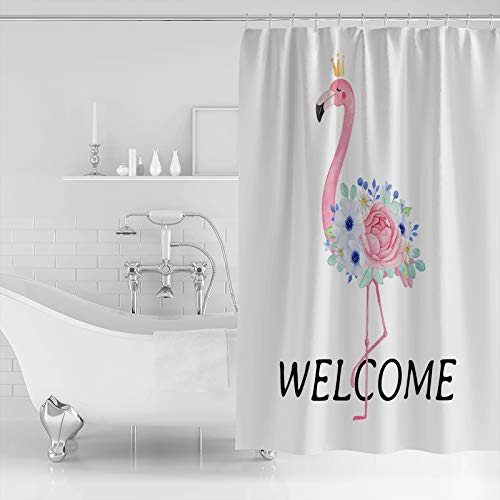 Shower Curtain, Summer Theme Pink Flamingo with Rose Washable Shower Curtain with Hooks Bath Decor Fabric Shower Curtains for Bathroom, Hotel, Stalls, Bathtubs, 72x78 in