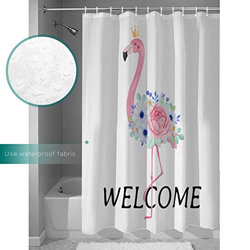 Shower Curtain, Summer Theme Pink Flamingo with Rose Washable Shower Curtain with Hooks Bath Decor Fabric Shower Curtains for Bathroom, Hotel, Stalls, Bathtubs, 72x78 in