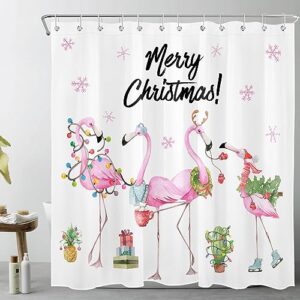 WEENEO Merry Christmas Shower Curtain Funny Pink Flamingo and Cactus Plant with Xmas Decorations on White Shower Curtain for Bathroom Winter Holiday Fabric Bath Curtain with 12pcs Hooks,72x72 Inch