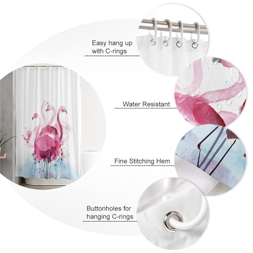 Pink Flamingo Waterproof Shower Curtains Set - Extra Long 72 x 84 Inch, Watercolor Pink Blue Animals Polyester Fabric Bathroom Curtain with 12 Hooks, Bathroom Accessories, 1 Panel