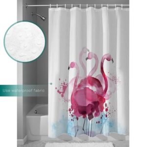 Pink Flamingo Waterproof Shower Curtains Set - Extra Long 72 x 84 Inch, Watercolor Pink Blue Animals Polyester Fabric Bathroom Curtain with 12 Hooks, Bathroom Accessories, 1 Panel