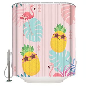 Shower Curtain, Flamingo Pineapple Palm Leaf Tropical Hawaii Washable Shower Curtain with Hooks Bath Decor Fabric Shower Curtains for Bathroom, Hotel, Stalls, Bathtubs, 72x84 in