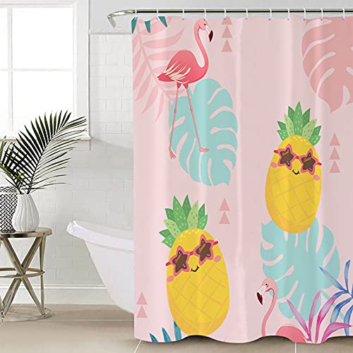 Shower Curtain, Flamingo Pineapple Palm Leaf Tropical Hawaii Washable Shower Curtain with Hooks Bath Decor Fabric Shower Curtains for Bathroom, Hotel, Stalls, Bathtubs, 72x84 in