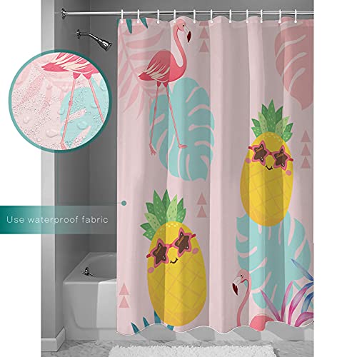 Shower Curtain, Flamingo Pineapple Palm Leaf Tropical Hawaii Washable Shower Curtain with Hooks Bath Decor Fabric Shower Curtains for Bathroom, Hotel, Stalls, Bathtubs, 72x84 in