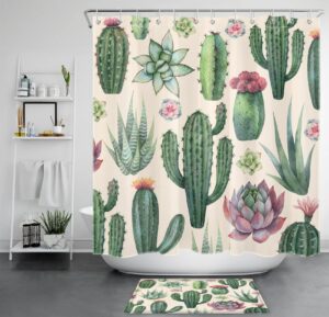 lb western tropical cactus shower curtain sets with rugs pink and green succulent plant with floral on beige fabric shower curtain with hooks nature plant bathroom curtains shower set, 72x72 inches