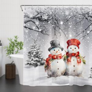 LB Christmas Snowman Shower Curtain Winter Scene Cute Snowman with Pine Tree Covered Snow Bathroom Shower Curtain Snowflake Bathroom Decor with Hooks 72Lx72W Inch Waterproof Polyester Bath Curtain