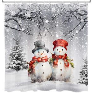 LB Christmas Snowman Shower Curtain Winter Scene Cute Snowman with Pine Tree Covered Snow Bathroom Shower Curtain Snowflake Bathroom Decor with Hooks 72Lx72W Inch Waterproof Polyester Bath Curtain