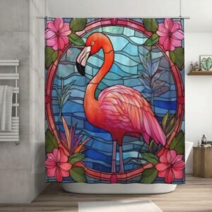 TIYAANDSY Flamingo Shower Curtain for Bathroom, Flower Leaves Glass Art Boho Shower Curtain Set, Cute Animals Abstract Fabric Modern Waterproof Bathroom Decor with 12 Hooks 72x72in YLATY4139