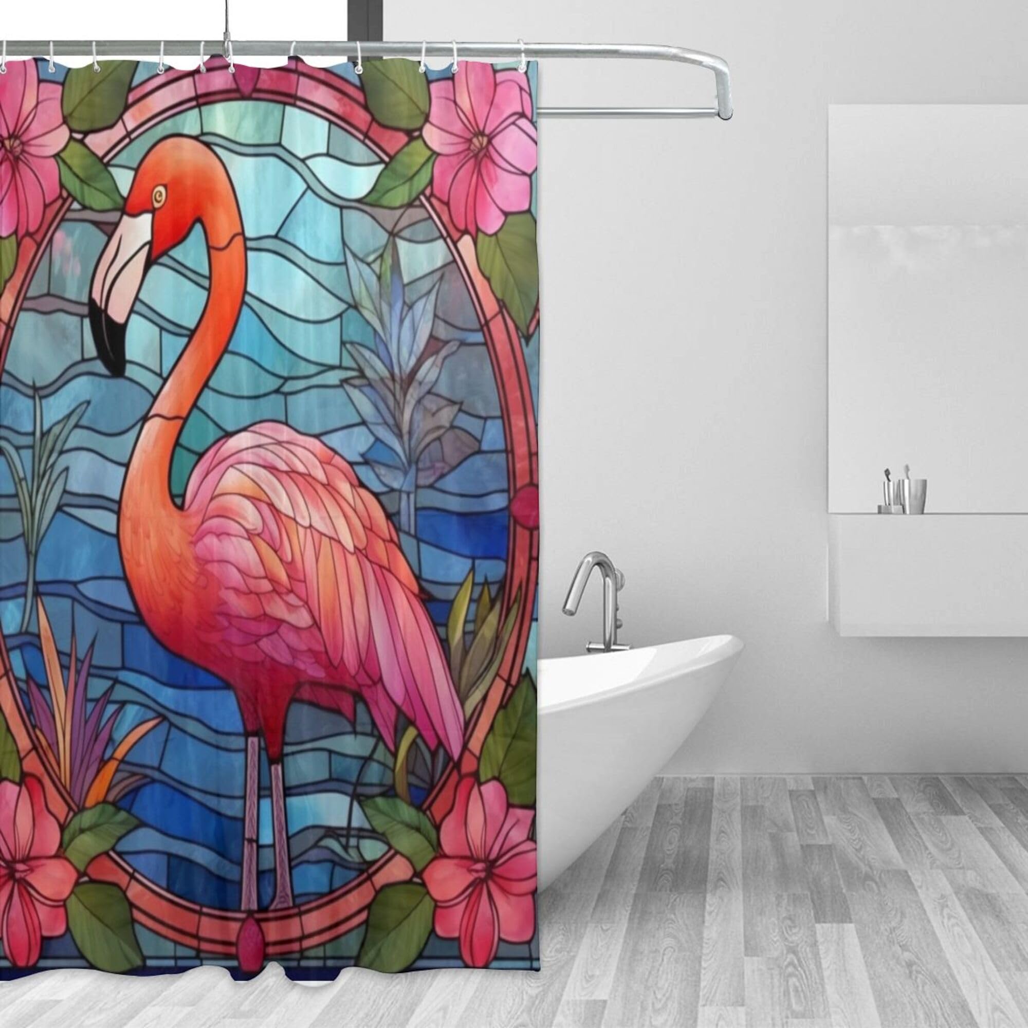 TIYAANDSY Flamingo Shower Curtain for Bathroom, Flower Leaves Glass Art Boho Shower Curtain Set, Cute Animals Abstract Fabric Modern Waterproof Bathroom Decor with 12 Hooks 72x72in YLATY4139