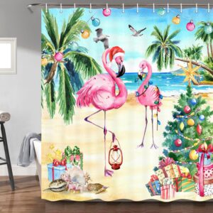 Christmas Flamingo Shower Curtain, Pink Tropical Beach Themed Funny Xmas Hat New Year Holiday Fabric Bath Curtains, Winter Palm Leaves Bathroom Bathtubs Decor with Hooks