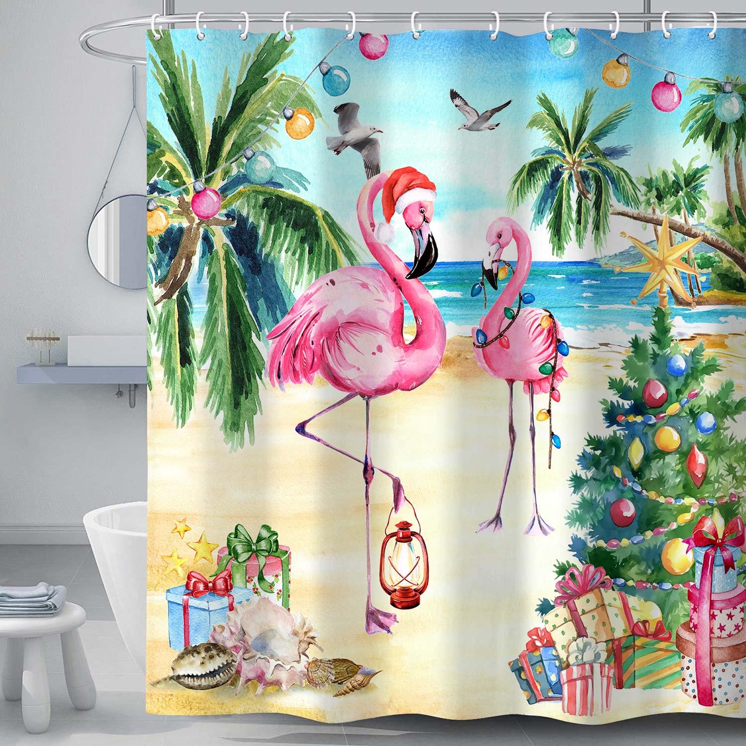 Christmas Flamingo Shower Curtain, Pink Tropical Beach Themed Funny Xmas Hat New Year Holiday Fabric Bath Curtains, Winter Palm Leaves Bathroom Bathtubs Decor with Hooks