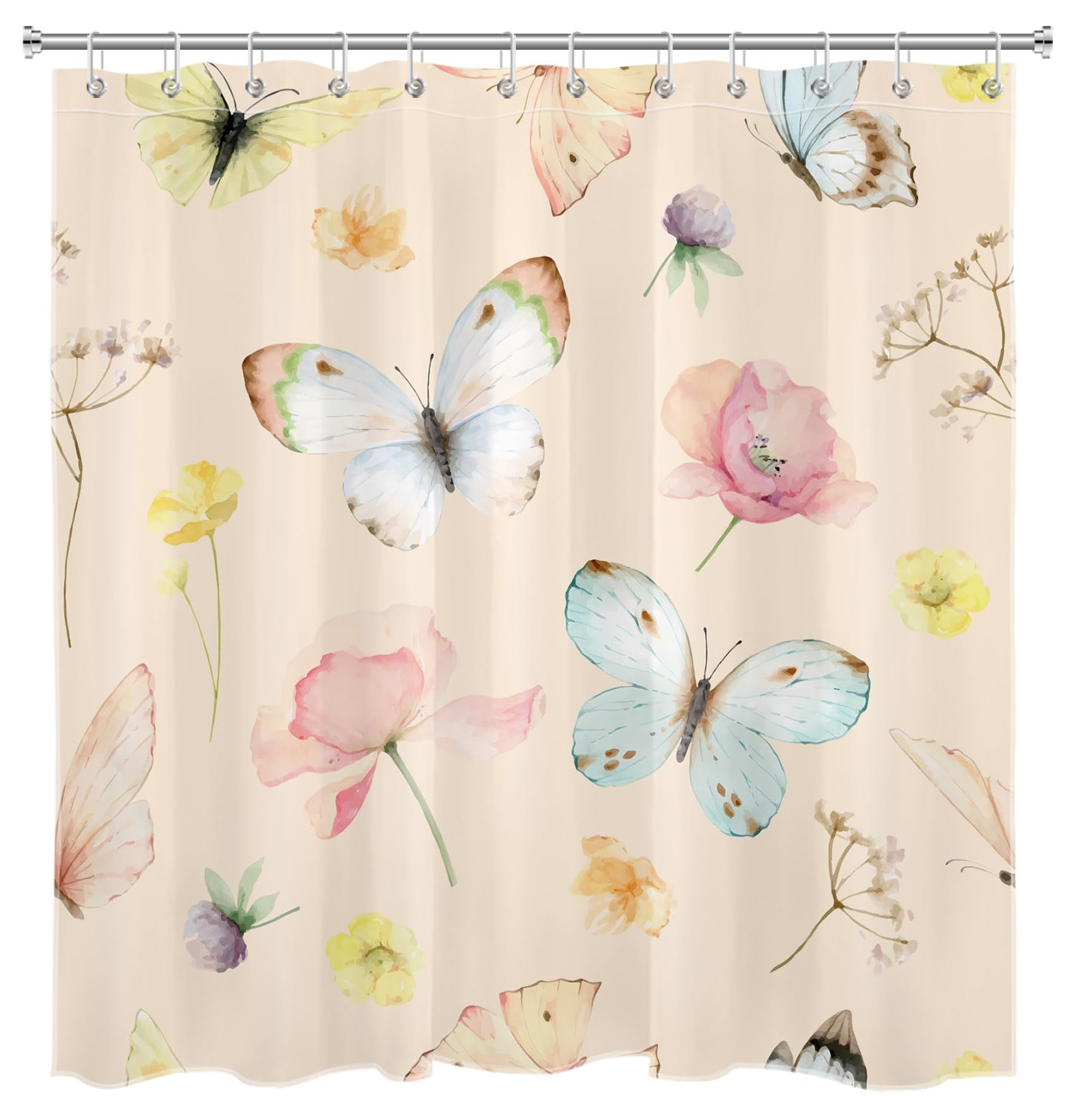 LB Watercolor Butterfly Shower Curtain Sets with Rugs Nature Pink Yellow Wildflower on Beige Fabric Shower Curtain with Hooks Country Vintage Botanical Bathroom Curtains Shower Set, 70x70 inches