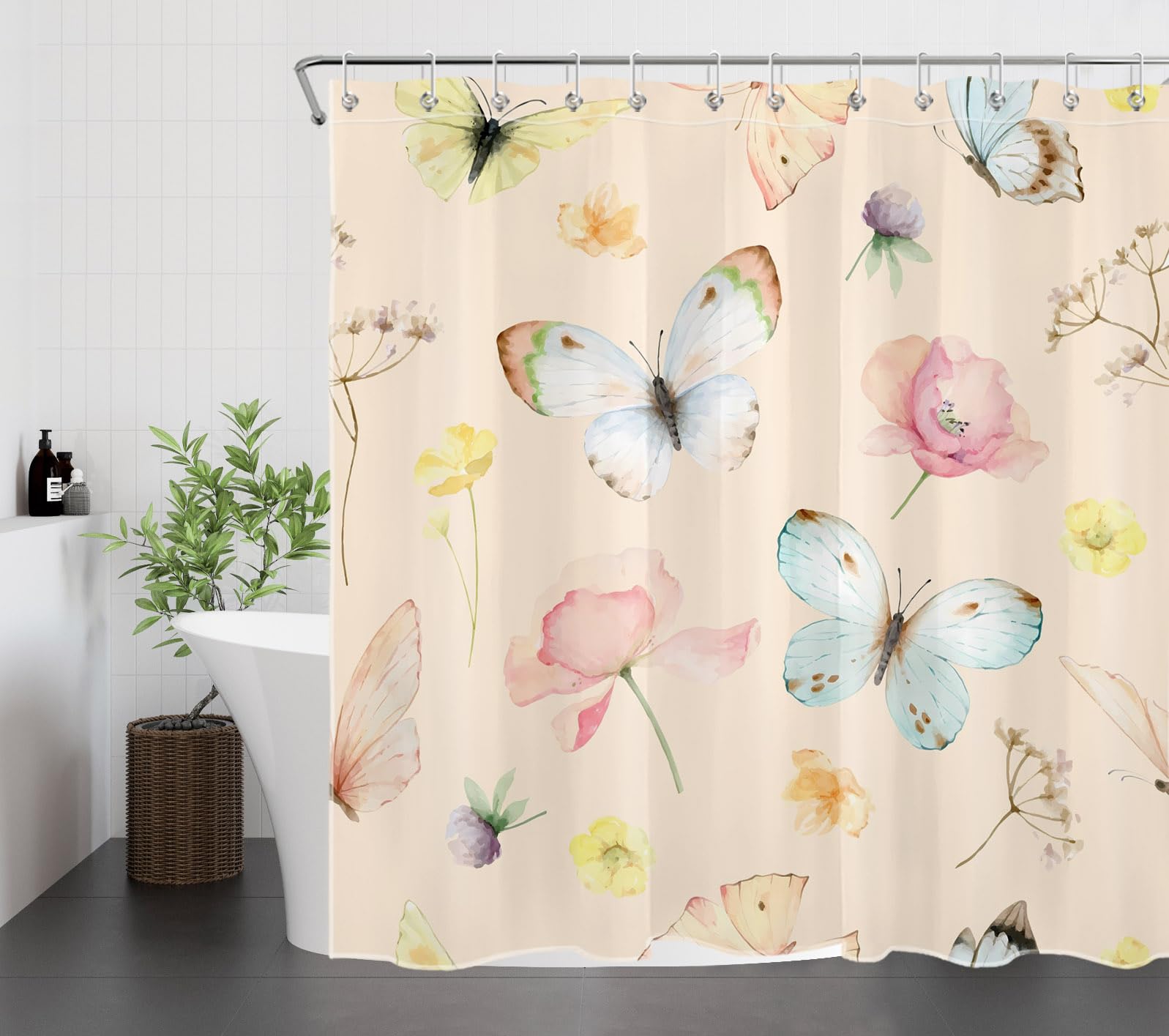 LB Watercolor Butterfly Shower Curtain Sets with Rugs Nature Pink Yellow Wildflower on Beige Fabric Shower Curtain with Hooks Country Vintage Botanical Bathroom Curtains Shower Set, 70x70 inches