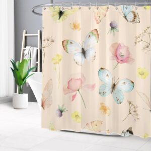 LB Watercolor Butterfly Shower Curtain Sets with Rugs Nature Pink Yellow Wildflower on Beige Fabric Shower Curtain with Hooks Country Vintage Botanical Bathroom Curtains Shower Set, 70x70 inches