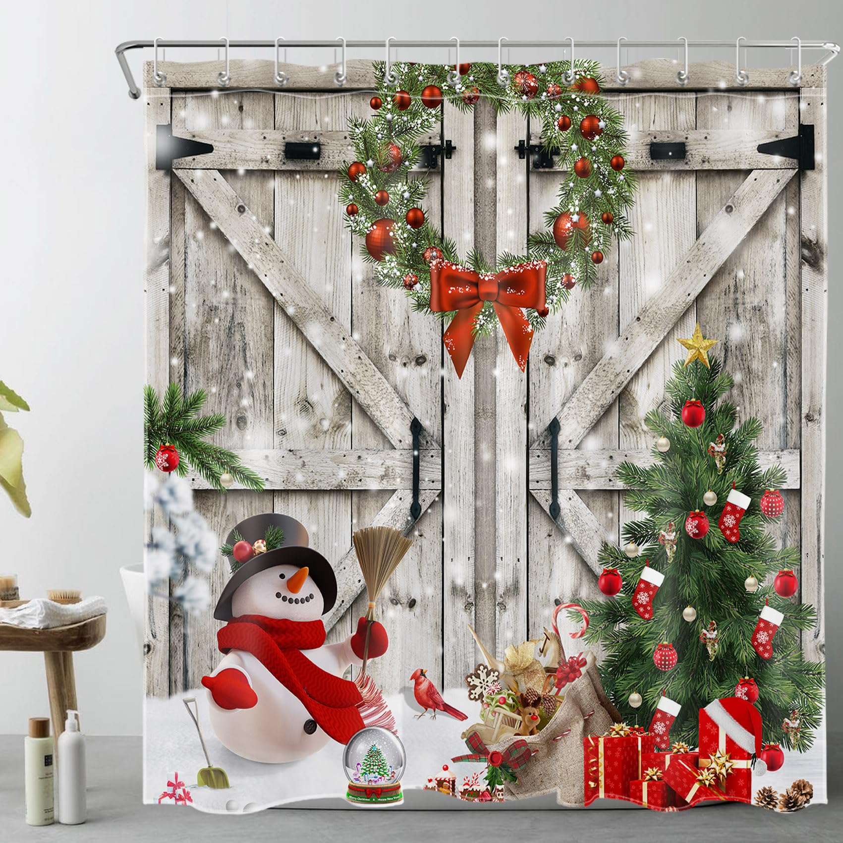 MEUNEAR Farmhouse Christmas Shower Curtain Set Snowman and Pine Tree with Red Xmas Ball Cardinals on Barn Door Shower Curtain for Bathroom, Winter Snowflake Shower Curtain with Hooks, 72L X 72W inches