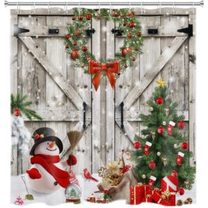 MEUNEAR Farmhouse Christmas Shower Curtain Set Snowman and Pine Tree with Red Xmas Ball Cardinals on Barn Door Shower Curtain for Bathroom, Winter Snowflake Shower Curtain with Hooks, 72L X 72W inches