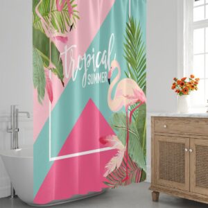 bisibuy Tropical Flowers Flamingo Shower Curtain 72x72 Inches Washable Polyester Fabric Curtains Shower Set with Hooks Bright Pink Turquoise Shower Curtains for Bathroom, Guest Bath, Stalls and Tubs