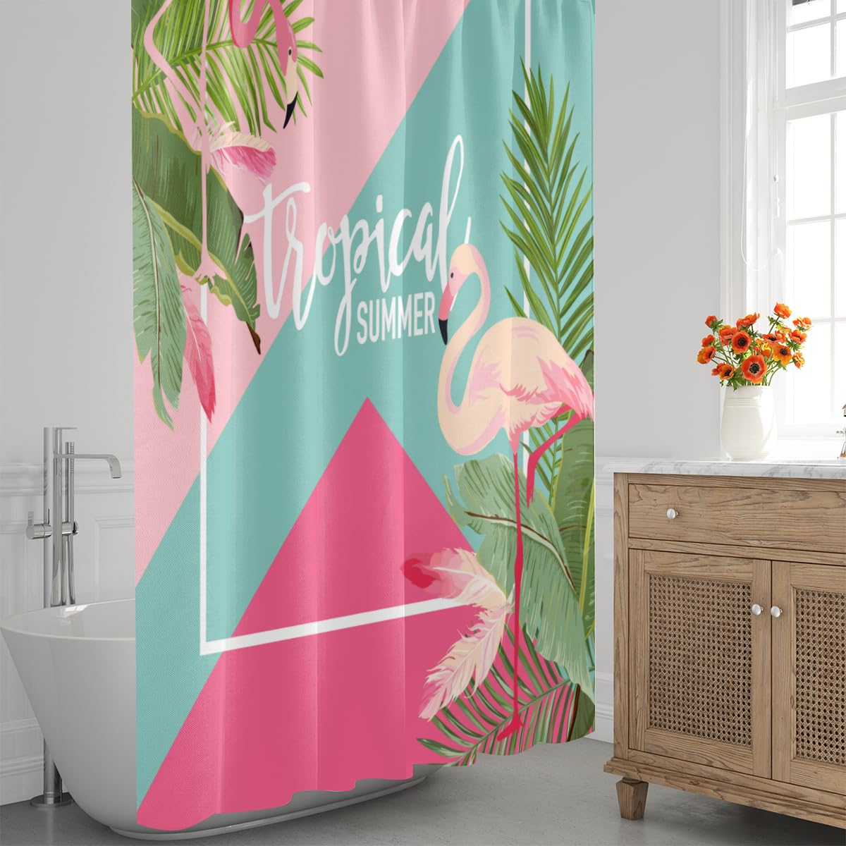 bisibuy Tropical Flowers Flamingo Shower Curtain 72x72 Inches Washable Polyester Fabric Curtains Shower Set with Hooks Bright Pink Turquoise Shower Curtains for Bathroom, Guest Bath, Stalls and Tubs