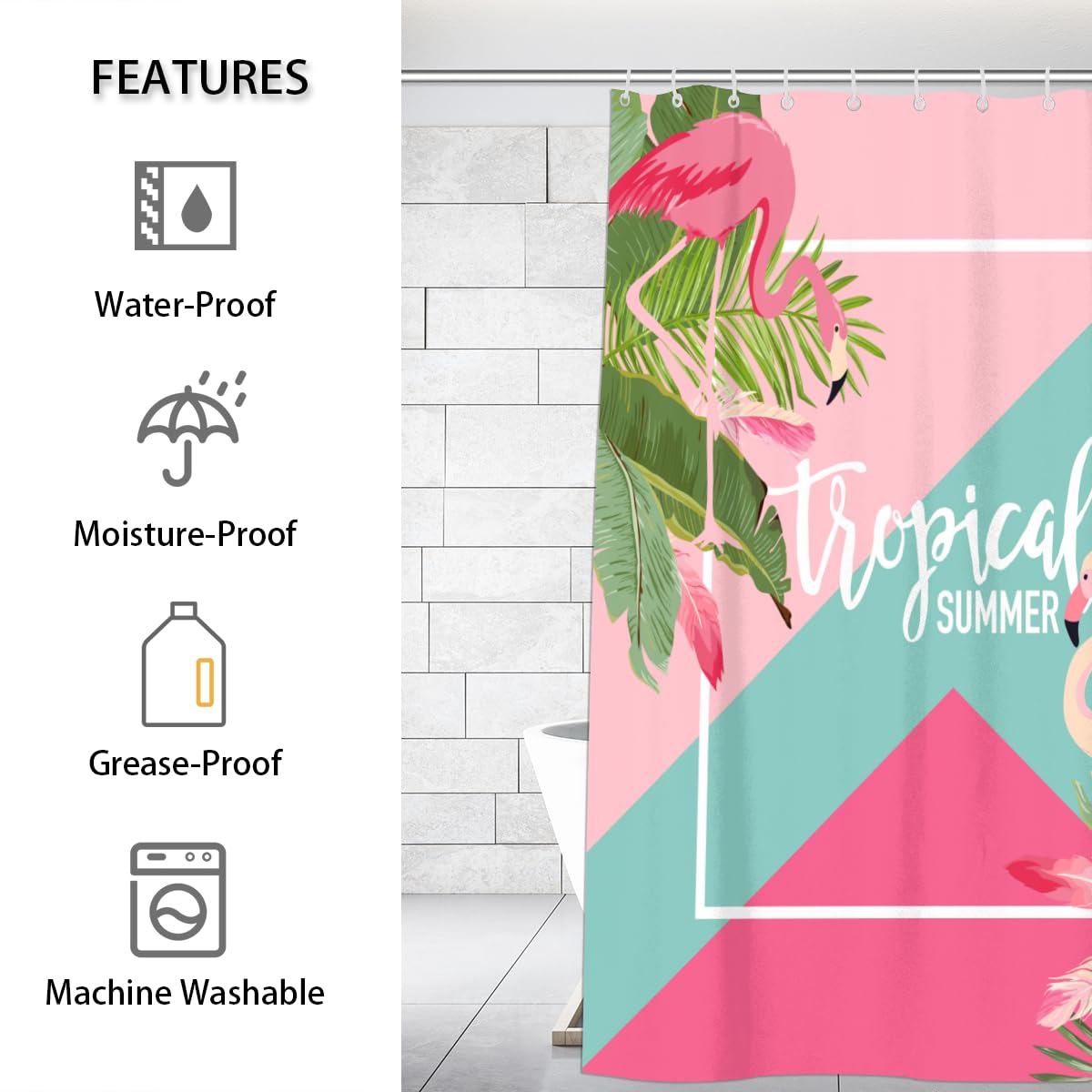 bisibuy Tropical Flowers Flamingo Shower Curtain 72x72 Inches Washable Polyester Fabric Curtains Shower Set with Hooks Bright Pink Turquoise Shower Curtains for Bathroom, Guest Bath, Stalls and Tubs