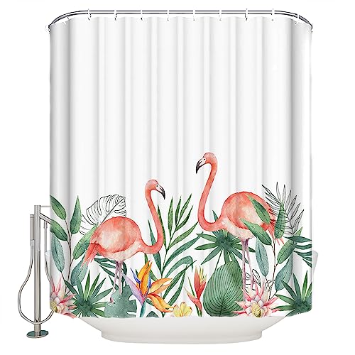 Red Flamingo Shower Curtain, Waterproof Washable Boho Funny Cute Shower Curtains Set for Bathroom Bathtubs Curtains Decor Set, 72" Wx96 L with Hooks Summer Tropical Plants Pastoral Botanical