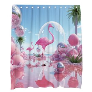 OTRANTO Pink Flamingo Shower Curtain Tropical Leaves Decorative and Balloon Theme Bathroom Decor Set Machine Washable Waterproof Fabric 72 x 72 Include Hooks