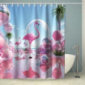 OTRANTO Pink Flamingo Shower Curtain Tropical Leaves Decorative and Balloon Theme Bathroom Decor Set Machine Washable Waterproof Fabric 72 x 72 Include Hooks