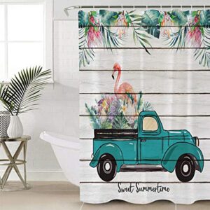 Shower Curtain, Turtle Leaf Tropical Truck Flamingo Washable Shower Curtain with Hooks Bath Decor Fabric Shower Curtains for Bathroom, Hotel, Stalls, Bathtubs, 60x72 in