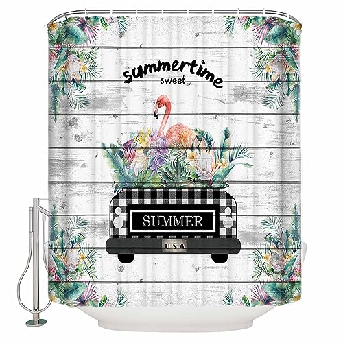 Shower Curtain, Summer Turtle Leaf Tropical Truck Flamingo Board Washable Shower Curtain with Hooks Bath Decor Fabric Shower Curtains for Bathroom, Hotel, Stalls, Bathtubs, 66x72 in