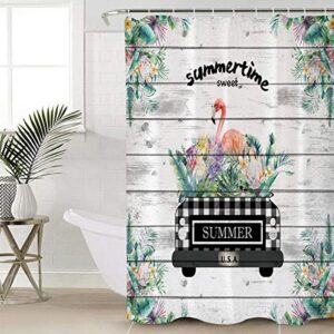 Shower Curtain, Summer Turtle Leaf Tropical Truck Flamingo Board Washable Shower Curtain with Hooks Bath Decor Fabric Shower Curtains for Bathroom, Hotel, Stalls, Bathtubs, 66x72 in