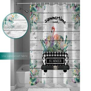 Shower Curtain, Summer Turtle Leaf Tropical Truck Flamingo Board Washable Shower Curtain with Hooks Bath Decor Fabric Shower Curtains for Bathroom, Hotel, Stalls, Bathtubs, 66x72 in