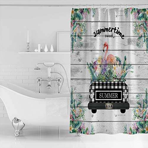 Shower Curtain, Summer Turtle Leaf Tropical Truck Flamingo Board Washable Shower Curtain with Hooks Bath Decor Fabric Shower Curtains for Bathroom, Hotel, Stalls, Bathtubs, 66x72 in