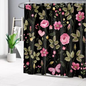 LB Watercolor Floral Shower Curtain for Bathroom, Pink Flower Butterfly and Sage Green Leaf on Black Fabric Shower Curtain with Hooks, Nature Plant Botanical Bathroom Curtain Shower Set, 72"W x 78"L