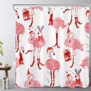 hvest christmas flamingo shower curtain for bathroom decor, pink bird flamingo and gift on white shower curtain with hooks, tropical christmas bathroom curtains shower set, 72l x 72w inches