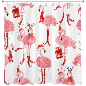 HVEST Christmas Flamingo Shower Curtain for Bathroom Decor, Pink Bird Flamingo and Gift on White Shower Curtain with Hooks, Tropical Christmas Bathroom Curtains Shower Set, 72L x 72W inches