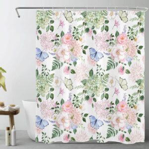 lb pink floral shower curtain for bathroom, blue and green butterfly with leaf on white fabric shower curtain with hooks, country nature botanical bathroom curtain shower set, 60" w x 72" l