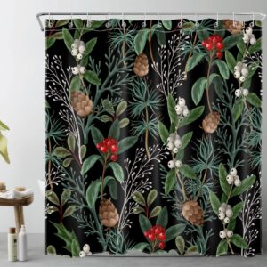 LB Black Christmas Shower Curtain Decor, Red Berries and Pine Cone Green Botanical Shower Curtain for Bathroom 72" W x 78" L Polyester Fabric Bathroom Decoration Bath Curtains Hooks Included